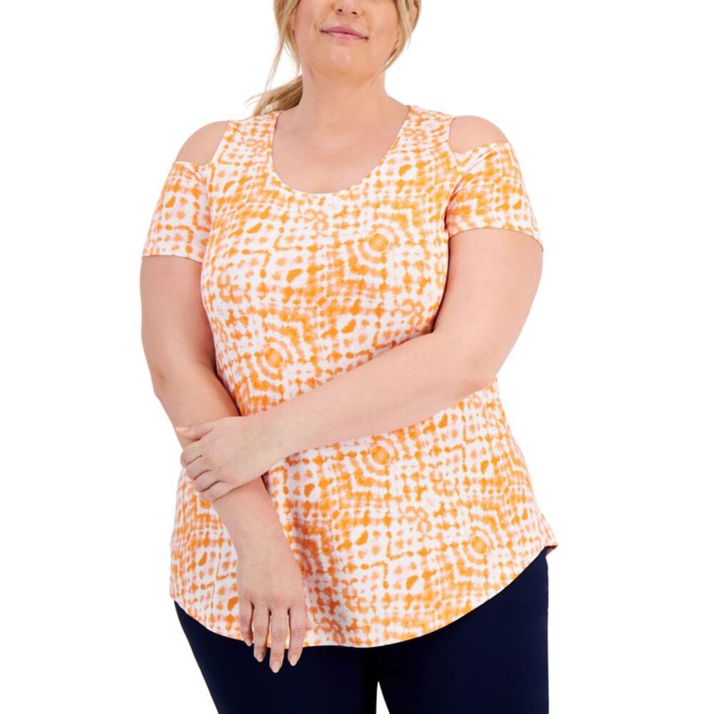 JM Collection Plus Size Printed Cold-Shoulder Top - Picture 1 of 2